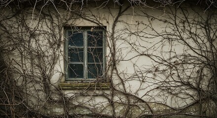 An old weathered building facade with a window overtaken by creeping vines