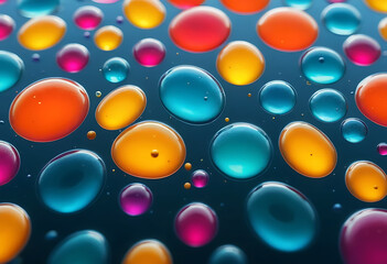 Colorful translucent bubbles on dark blue background shiny