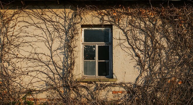 An old building facade with a window framed by climbing vines and foliage - Powered by Adobe