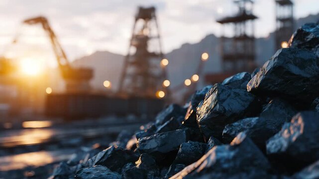 11Sharp focus on coarse coal pieces with metallic sheen, warm sunlight creating rich contrast, distant mining equipment rendered in soft industrial blur