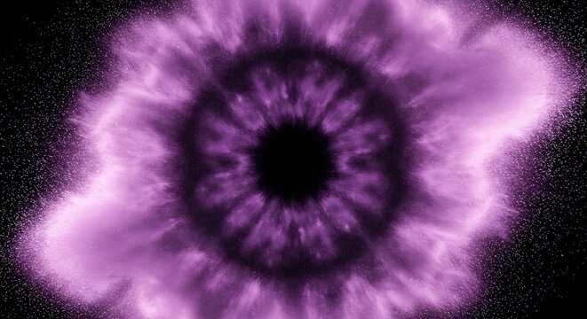 Vibrant purple energy burst forming a mesmerizing cosmic vortex or eye in a dark, star-filled void. An intricate abstract illustration of powerful galactic forces and swirling light