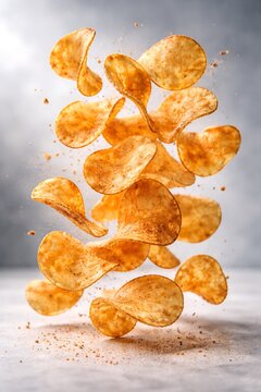 Crispy golden potato chips floating in a dynamic vertical stack against a neutral background