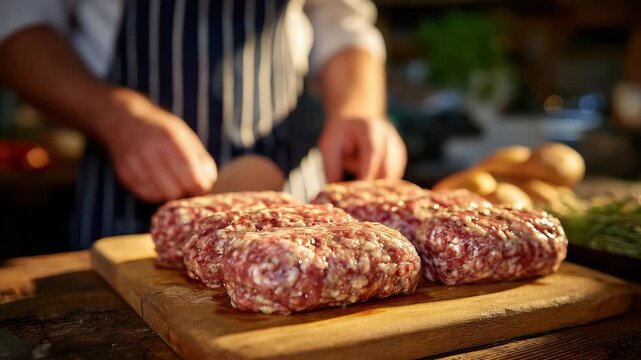 12Close-up of freshly stuffed sausages arranged on a wooden table, hands still working, with natural light highlighting the textures of meat and casings in a traditional kitchen
