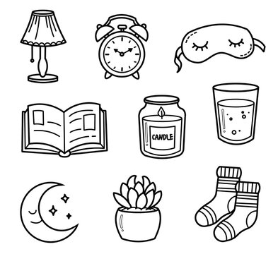 Cozy Nightstand Essentials Line Art Set - care icons for sleep trackers and night routine 