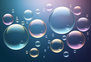Colorful bubbles floating on dark blue background with light gradient transparent shiny reflective
