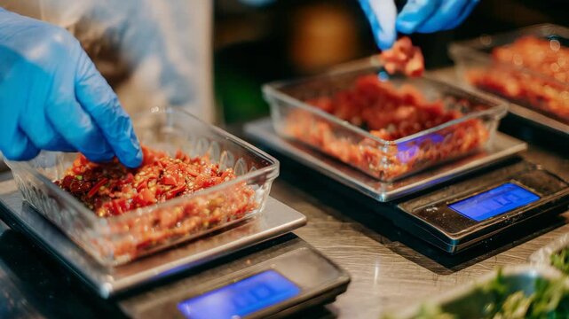 13Gloved hands carefully portioning paprika and pepper into glass cups, aligned on a digital scale in a sterile sausage factory room