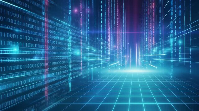 Futuristic digital background with binary code and glowing lines for technology themes