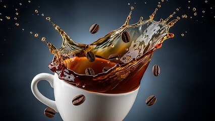 Dynamic splash of dark coffee erupting from a white cup with scattered coffee beans against a dark background.