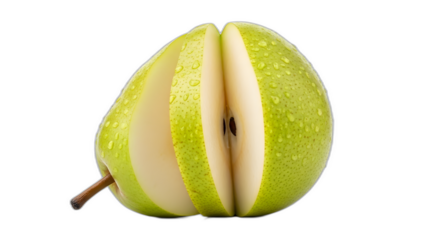 Fresh ripe green pear precisely sliced vertically into segments revealing juicy white flesh and dark seeds on transparent background