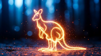 Glowing ethereal kangaroo outline created from shimmering orange sparks floats mysteriously above the ground against a dark background illuminated by cool blue bokeh lights suggesting an abstract digi