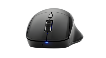 Sleek ergonomic computer mouse featuring illuminated scroll wheel and indicator light ready for modern digital interaction on transparent background