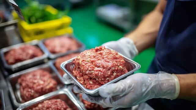 16Gloved hands portioning raw minced meat into uniform plastic trays, the glossy texture of the meat highlighted by soft lighting, green background adding fresh contrast