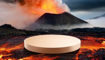 Round Podium On Lava Ground With Volcano And Smoke Background