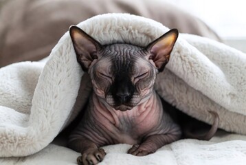 Adorable Sphynx Cat Sleeping Indoors: Cozy and Comfortable Pet Relaxation Scene