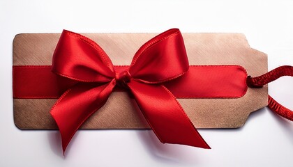 Blank Gift Tag With A Bright Red Satin Ribbon Bow Isolated On White Background