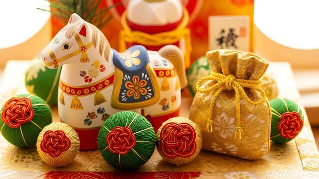 Traditional Japanese New Year Decorations: Zodiac Horse and Prosperity Items