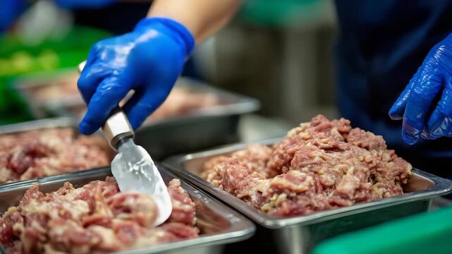 17Hands in blue gloves carefully placing scoops of raw pink meat into transparent packaging trays, with background softened into green hues to suggest freshness and hygiene