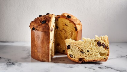 A Cut Panettone Cake With Raisins On A Marble Surface Against White Wall