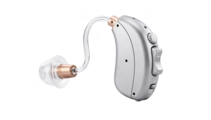 Whitebackground image of a sleek behindtheear hearing aid featuring soft ear molds and volume control ideal for illustrating audiology equipment.