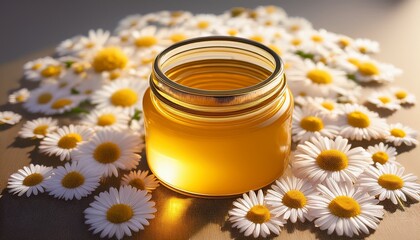 Jar Of Golden Liquid With Dipper Daisies Surround