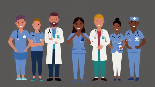 Full length illustration of a diverse professional medical team including happy doctors and nurses wearing scrubs lab coats and stethoscopes