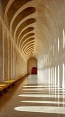 Breathtaking architectural hallway featuring repeating series of arched openings and dramatic light patterns casting long shadows on polished floor, leading to distant wooden door, creating sense of d