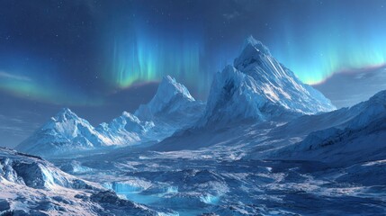 Mountain landscape with northern lights in a winter setting in the Arctic region at night showcasing natural beauty