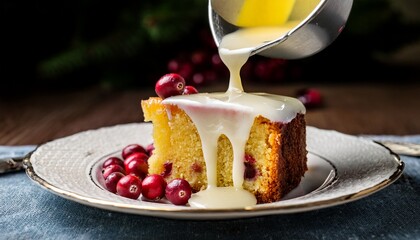 Omemade Lemon Glaze Being Poured From A Ladle Over A Slice Of Cranberry Cake Capturing The Glistening Action Of The Final Festive Drizzle Delicious