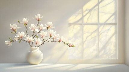 Magnolia flowers bouquet in vase by window