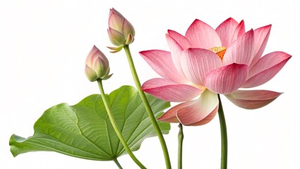 Pink Lotus Flower with Green Leaves Isolated on White Background