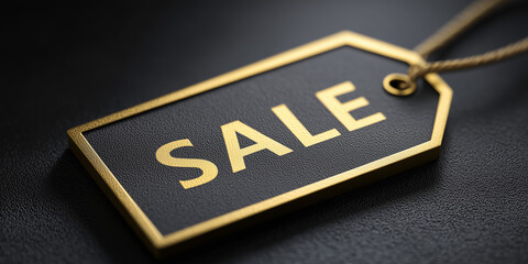 Premium black and gold sale tag advertising retail promotions, special offers, and shopping deals on a dark background