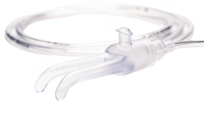 Closeup of l cannula delivering lowflow oxygen on white background showcasing medical tubing and prongs designed for noninvasive respiratory support.