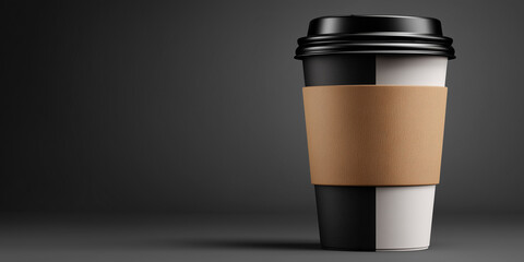 Takeaway coffee cup featuring a black and white design with brown sleeve representing black friday sales and discounts copy space banner