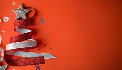 Mood Of Festive Red And Silver Decor Featuring Christmas Tree Shape Ribbon And Glitter On A Deep Orange Backdrop Capturing Christmas Vibe And New Year Celebration And Warm Greeting For The Season