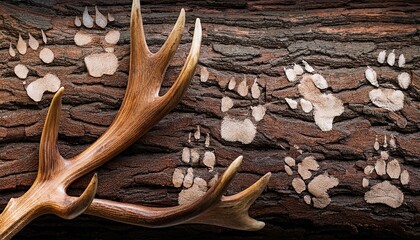 Wildlife Day Background With Animal Footprints And Antler On Natural Bark Texture