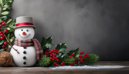 Snowman Background In Rustic Gray With Seasonal Green Foliage And Red Berries