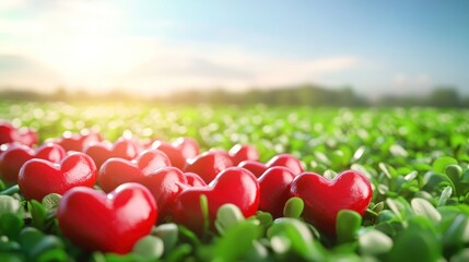 Red hearts in grassy field