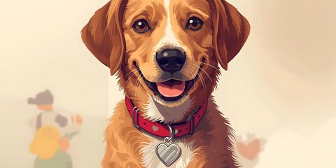 Friendly dog with heart-patterned collar in playful pose