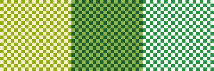 Green White Checkerboard Seamless Pattern Set. Geometry Green White Checker Background Kit. Monochrome Grid Vector Bg Print Bundle. Retro Grid Seamless Pattern for Trendy Design, Textile, Packaging.