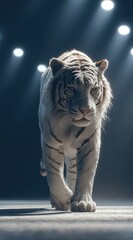 Obraz premium Majestic white tiger walking forward with dramatic lighting on dark background