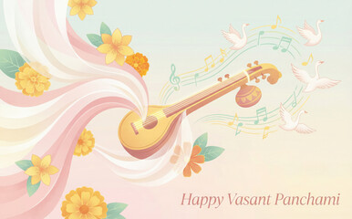 Happy Vasant Panchami Greeting with Veena, Swans, and Flowers musical instrument