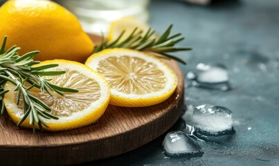 Refreshing lemon slices with rosemary and ice cubes on rustic wooden board