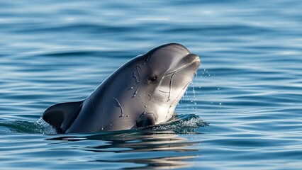 Fototapeta premium Close-up of a dolphin emerging from calm ocean water on a sunny day.