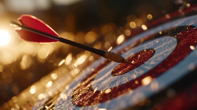 28Vibrant archery scene, arrow tip lodged in the red central circle, warm golden-hour reflections symbolizing precision and competition victory