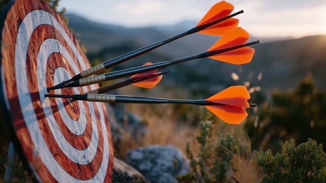 29Arrow centered in target outdoors, illuminated by red-orange dusk light, symbolizing leadership, strategic accuracy, and success