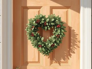 Heart Shaped Wreath Decorated with Flowers on Wooden Door