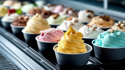 Brightly colored scoops of ice cream fill elegant cups, showcasing an array of flavors at a vibrant dessert counter in a lively cafe setting