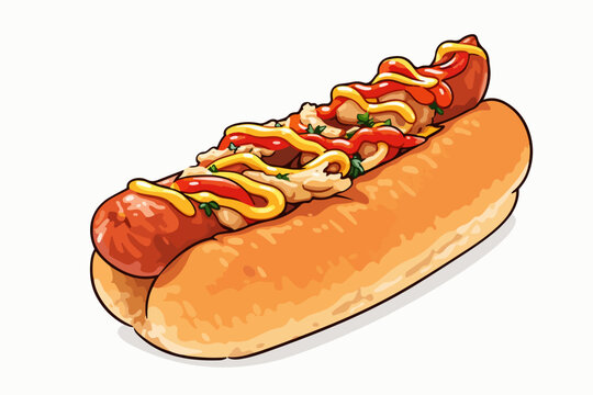 Hot dog feast in fresh bread decorated with sauces that whet the appetite of those who are hungry.