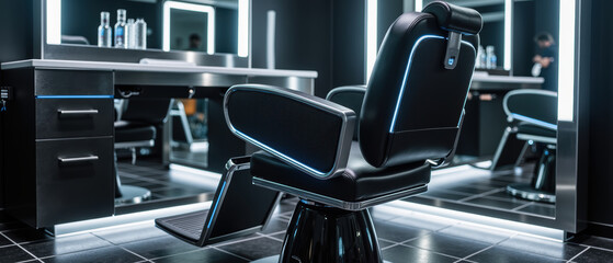 Modern barber chair, sleek design, stylish interior, illuminated mirrors, grooming station, black and silver color scheme, contemporary barbershop