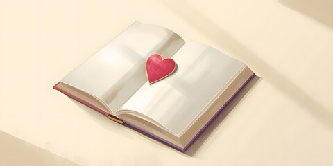 Open book with heart-shaped bookmark on wooden table surface